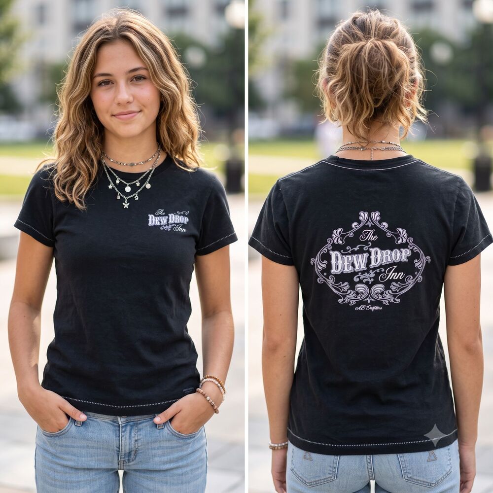 Y2K American Eagle Graphic Tee Shirt Womens S Black Dew Drop Inn Boxy Cotton
